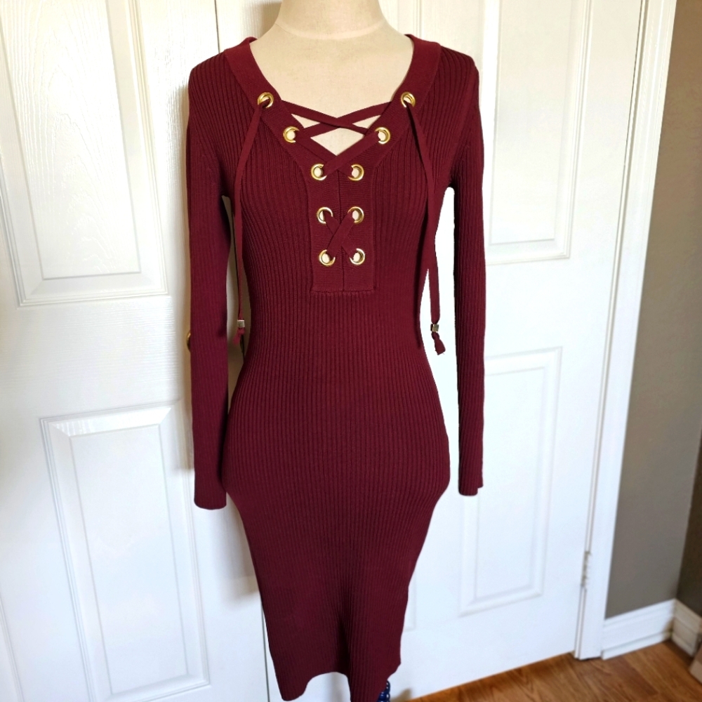 Michael Kors Ribbed Lace-up burgundy sweater dress